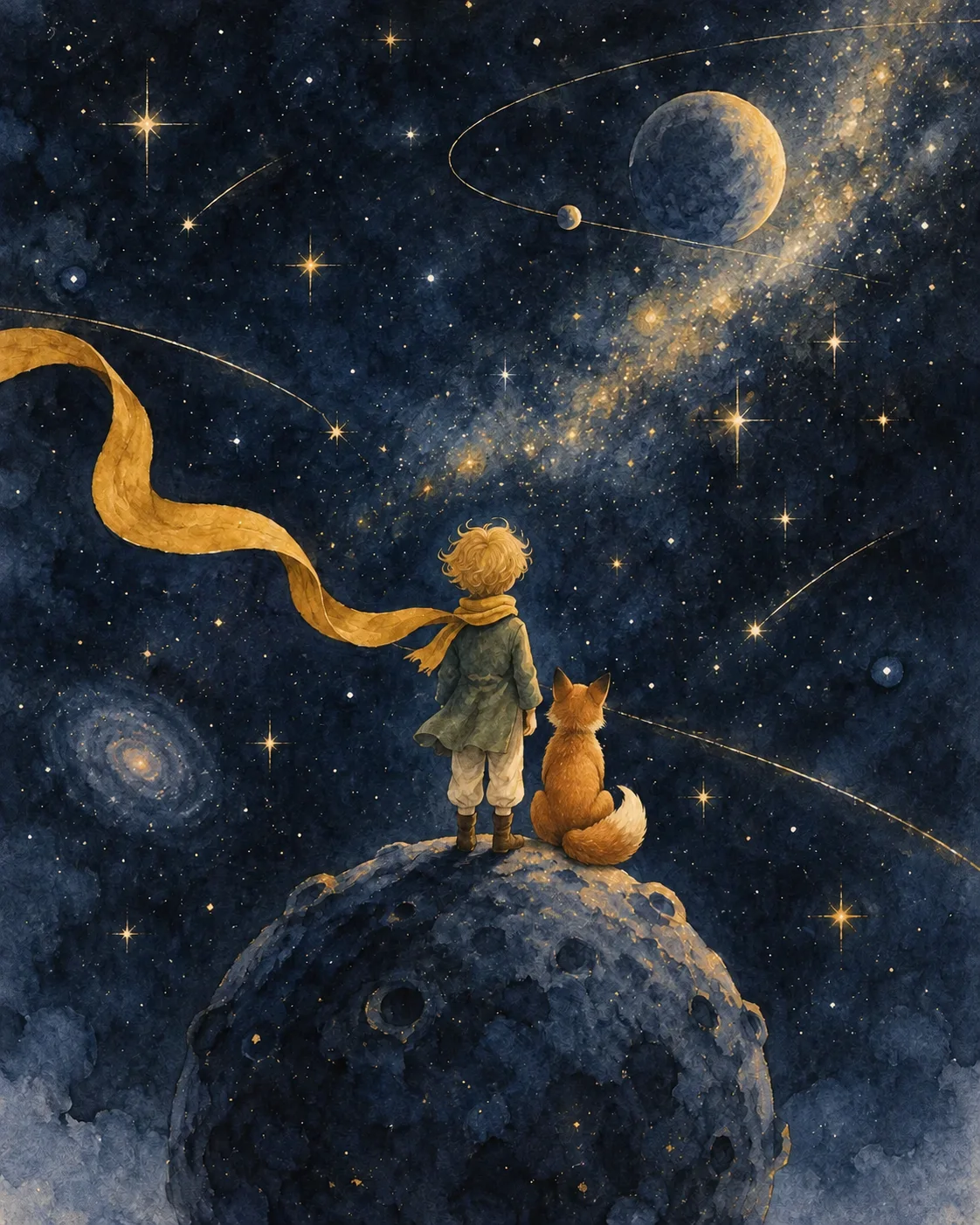 星空中戴着金色围巾的少年与小狐狸